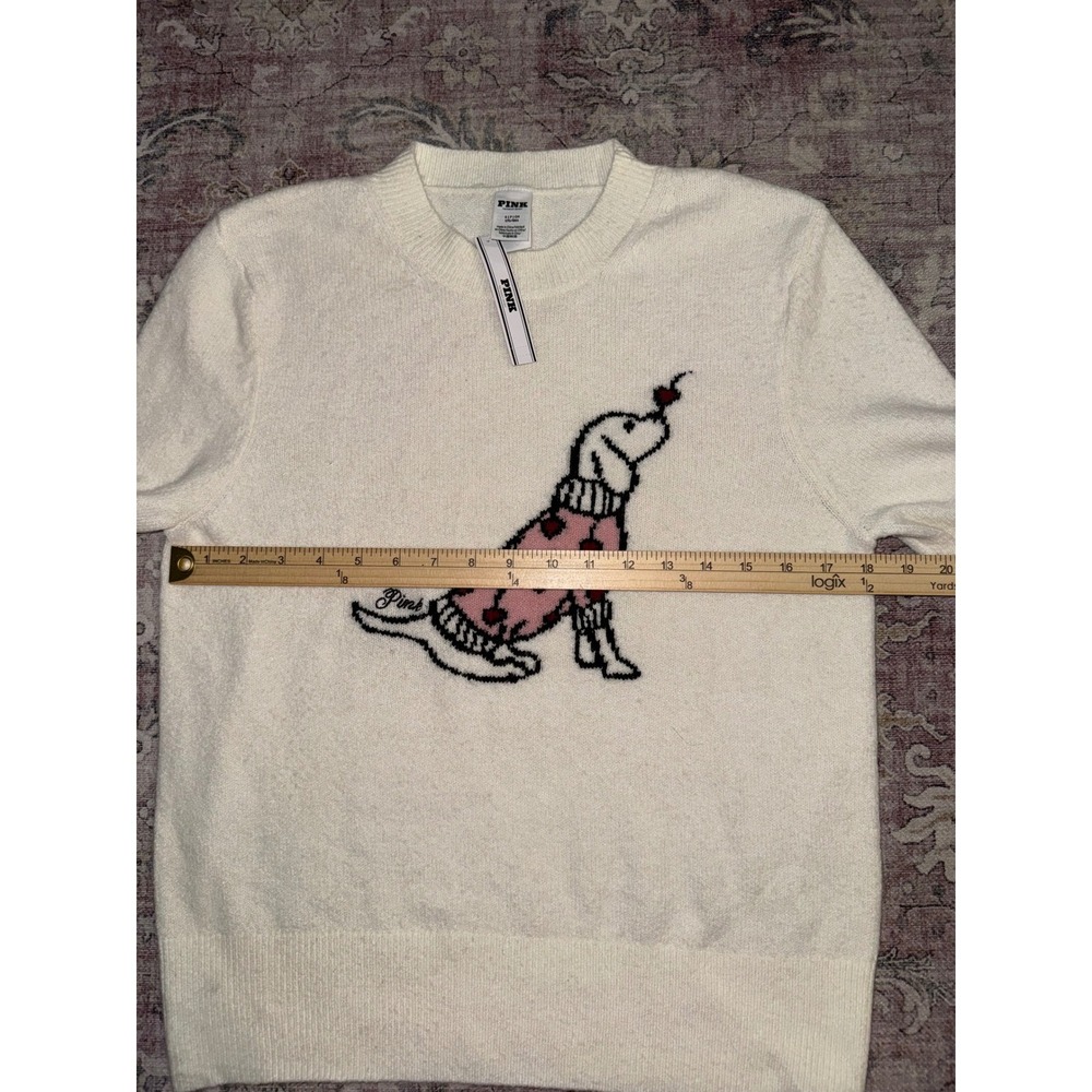 Victoria's Secret PINK Dog Graphic Crewneck Sweater Cream Ivory Heart Small NEW - Picture 5 of 7